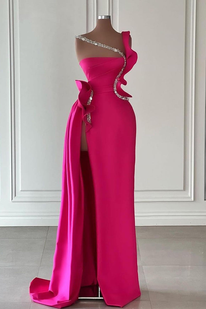 L1268 - Sheath Asymmetrical Beaded Satin Long Prom Evening Dress With ...
